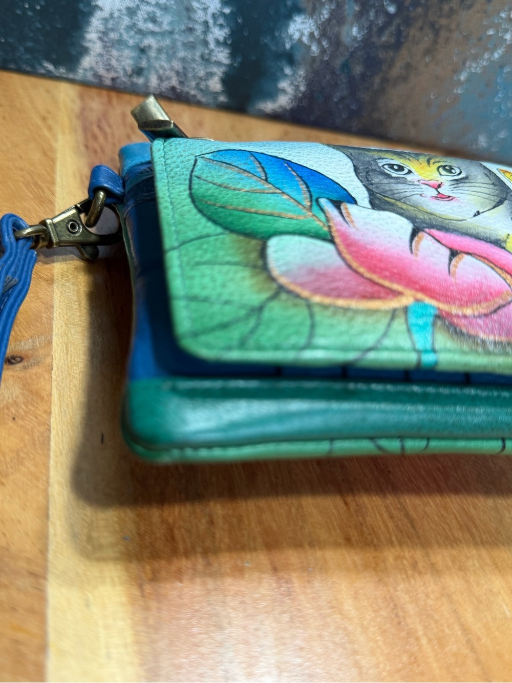 Anna by Anuschka Boho Hand Painted Two Cats Leather Wristlet Wallet - Picture 8 of 10